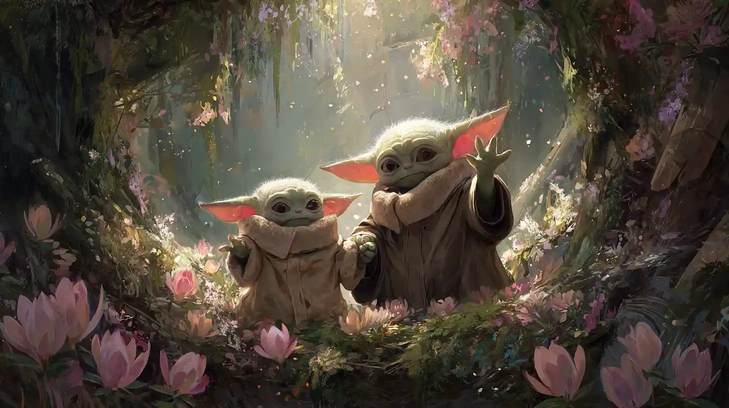 Small alien and robed elder waving in spring flower bower