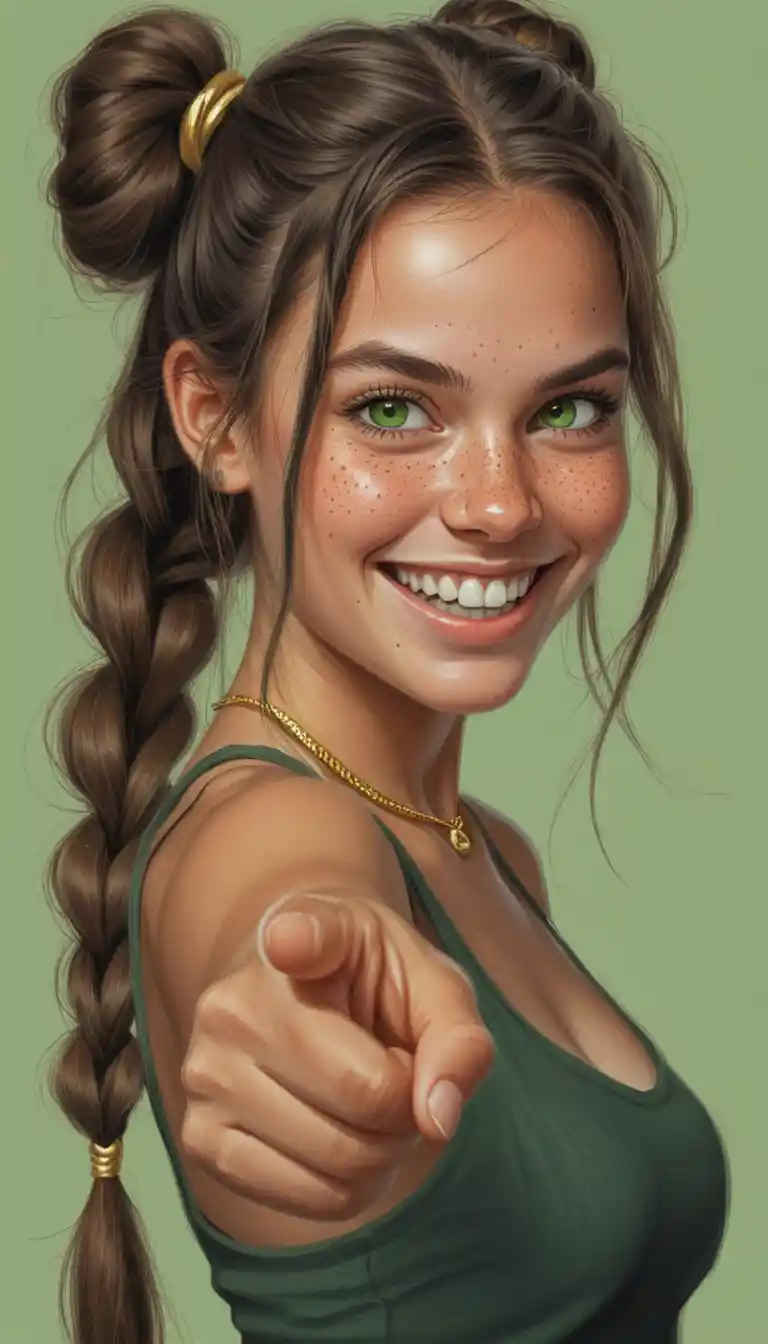 Playful girl caricature pointing forward with fisheye perspective