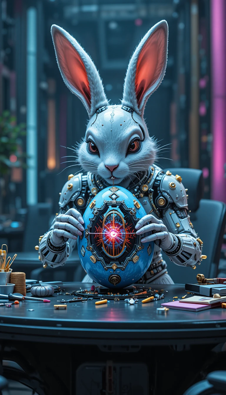 Futuristic nano world rabbit repairing a large Easter egg