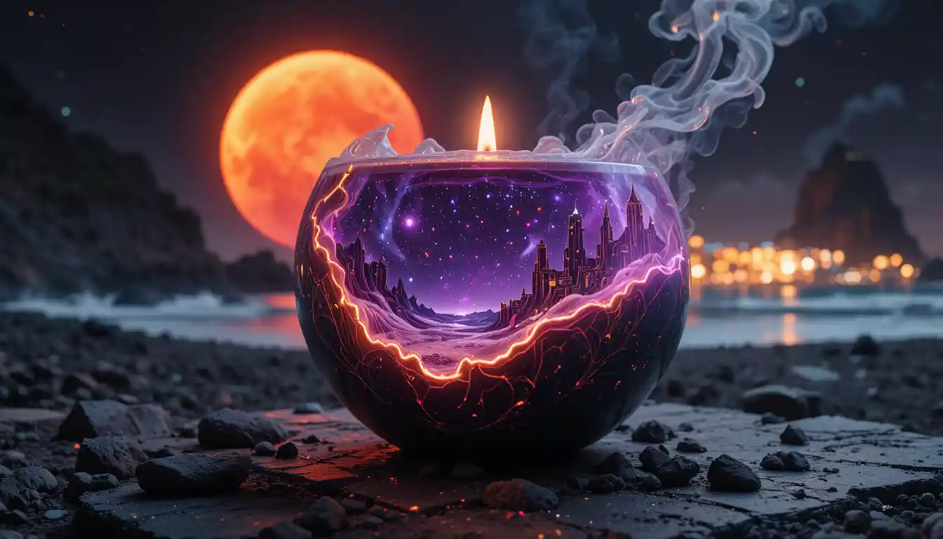 Surreal candle holding a cosmic desert landscape within wax