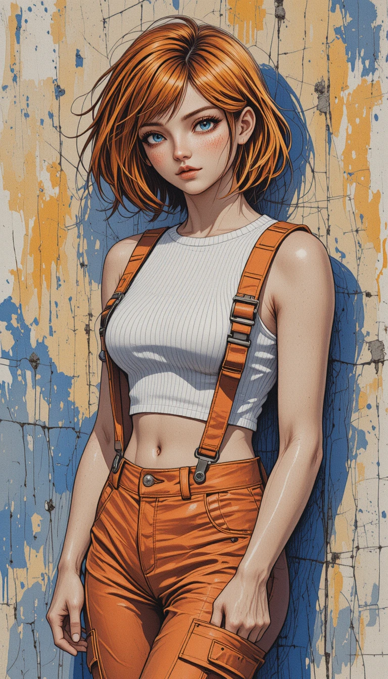 橘色裝備的動漫女子靠在粗糙水泥牆前