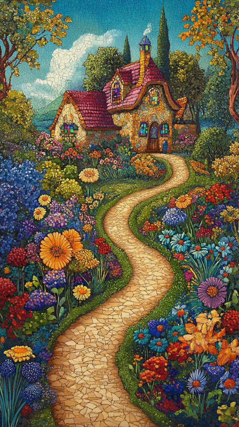 Whimsical Fantasy Garden Path Among Rustic Storybook Cottages