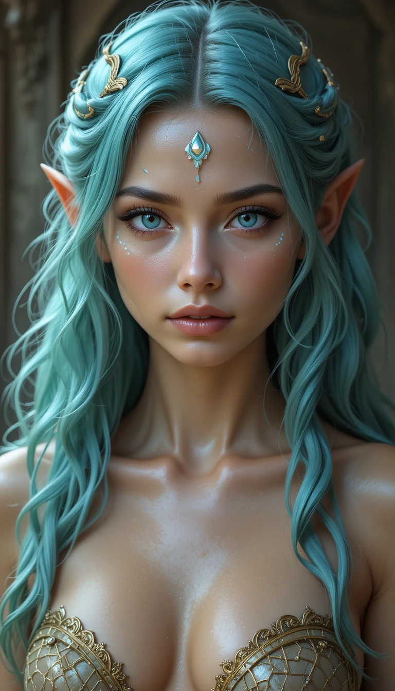 Elegant blue green haired mermaid woman in a fantasy world