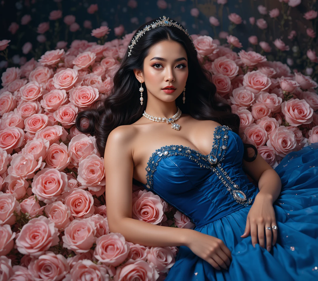 Elegant woman in blue gown among scattered rose petals