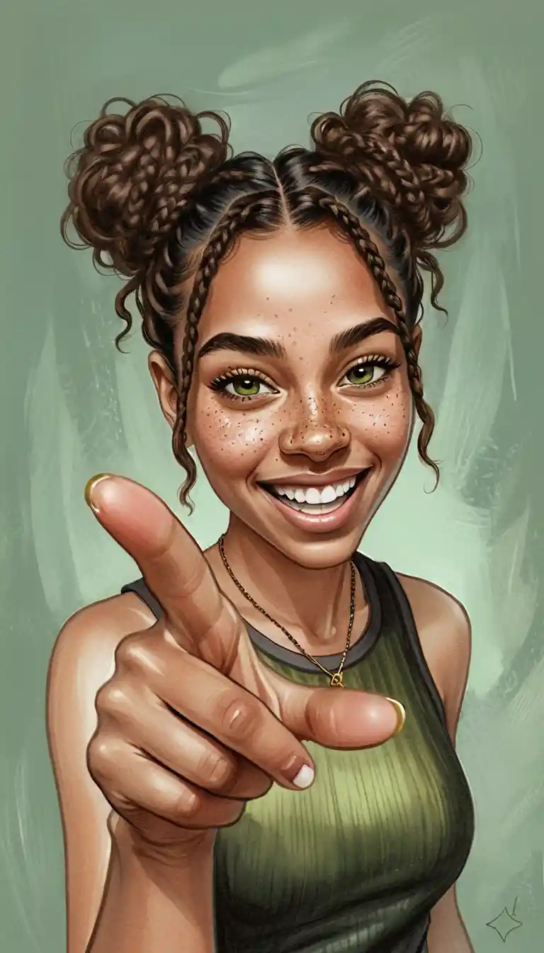 Playful girl caricature portrait pointing in fisheye view