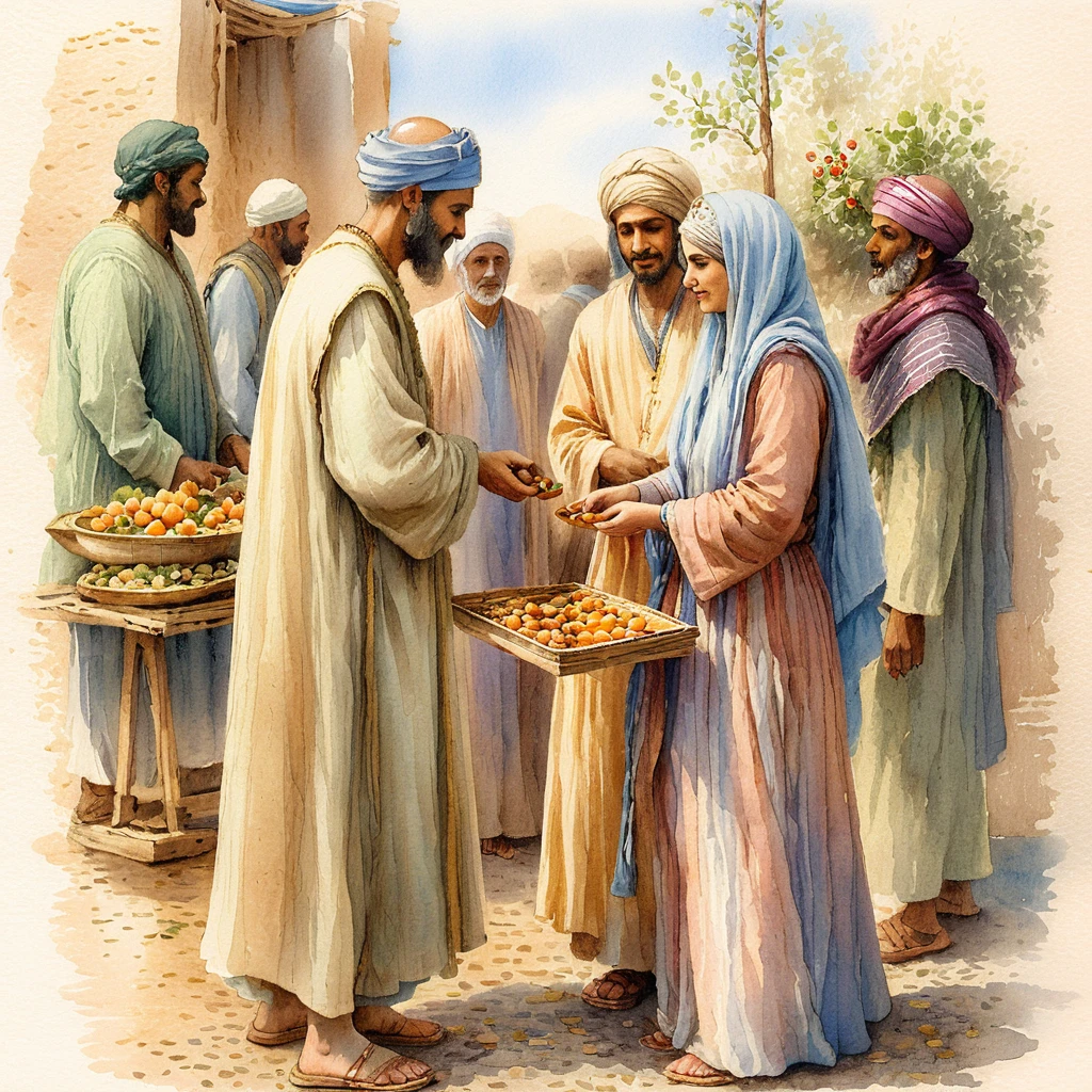 Watercolor scene of traders in an ancient marketplace