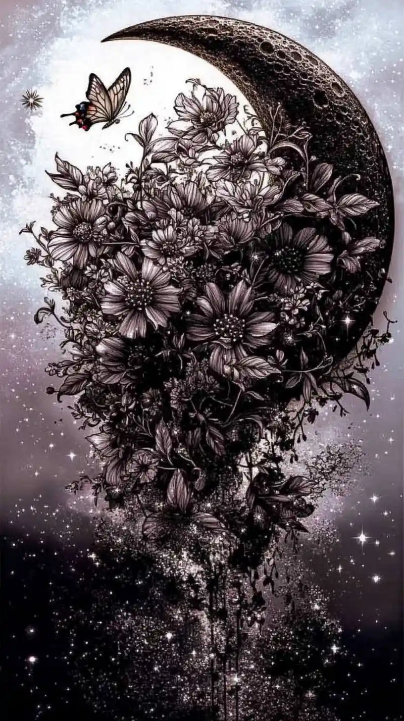 Crescent Moon Melting Into Floral Bouquet Line Art Illustration