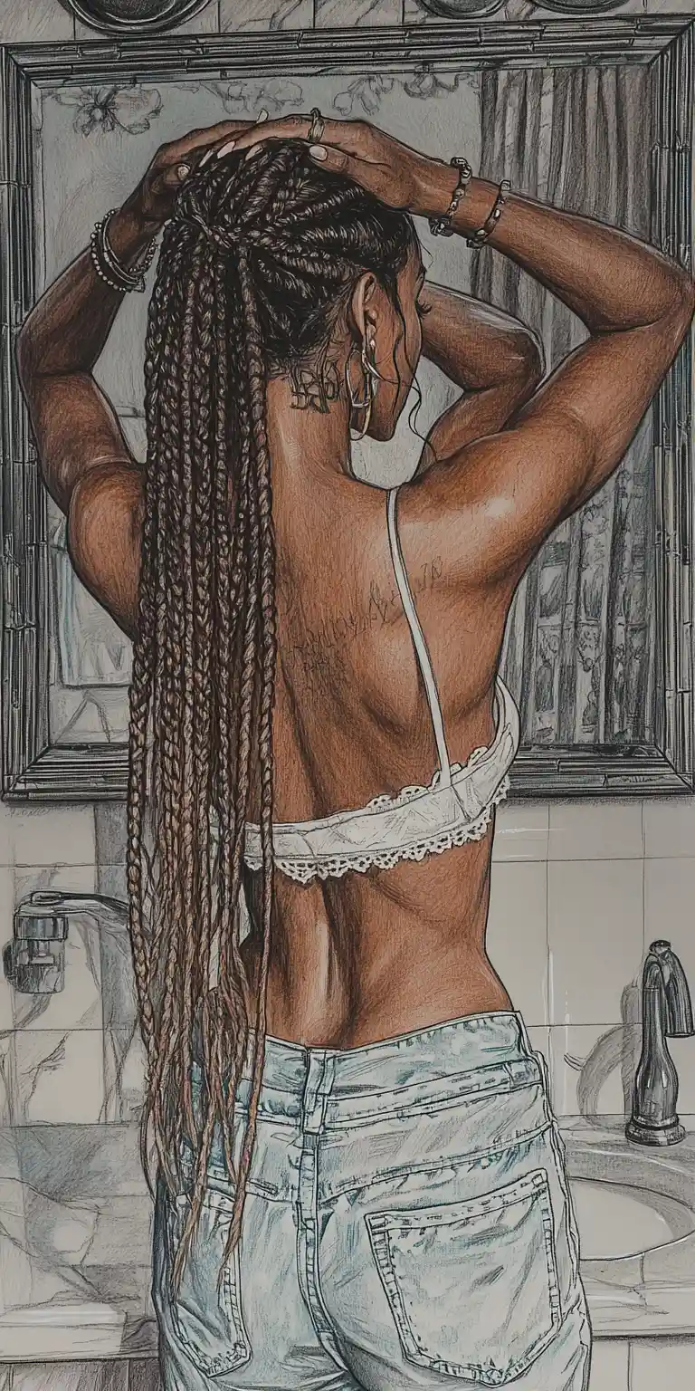 Giovane donna che sistema le box braids davanti allo specchio del bagno