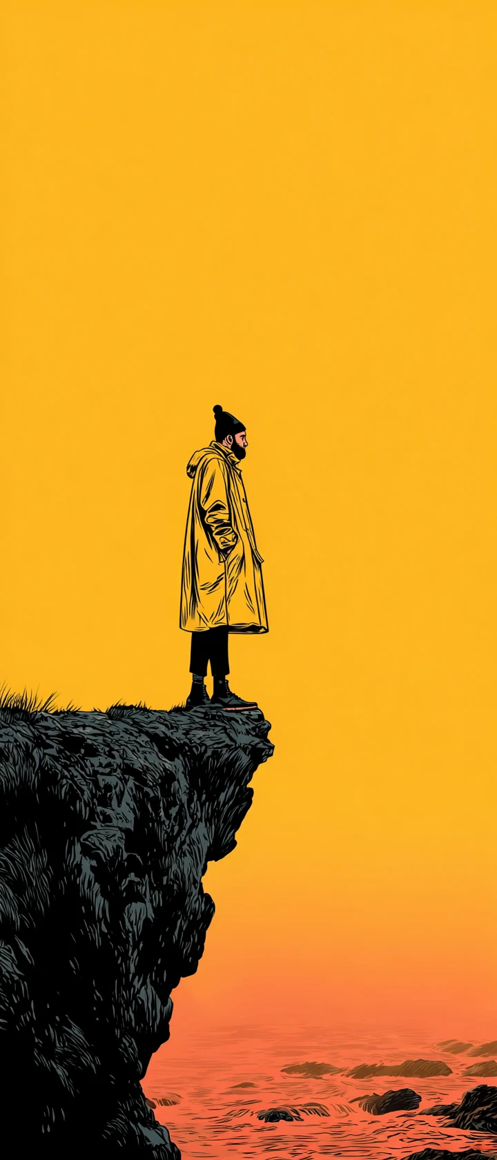 Man in yellow raincoat on misty ocean cliff at sunset