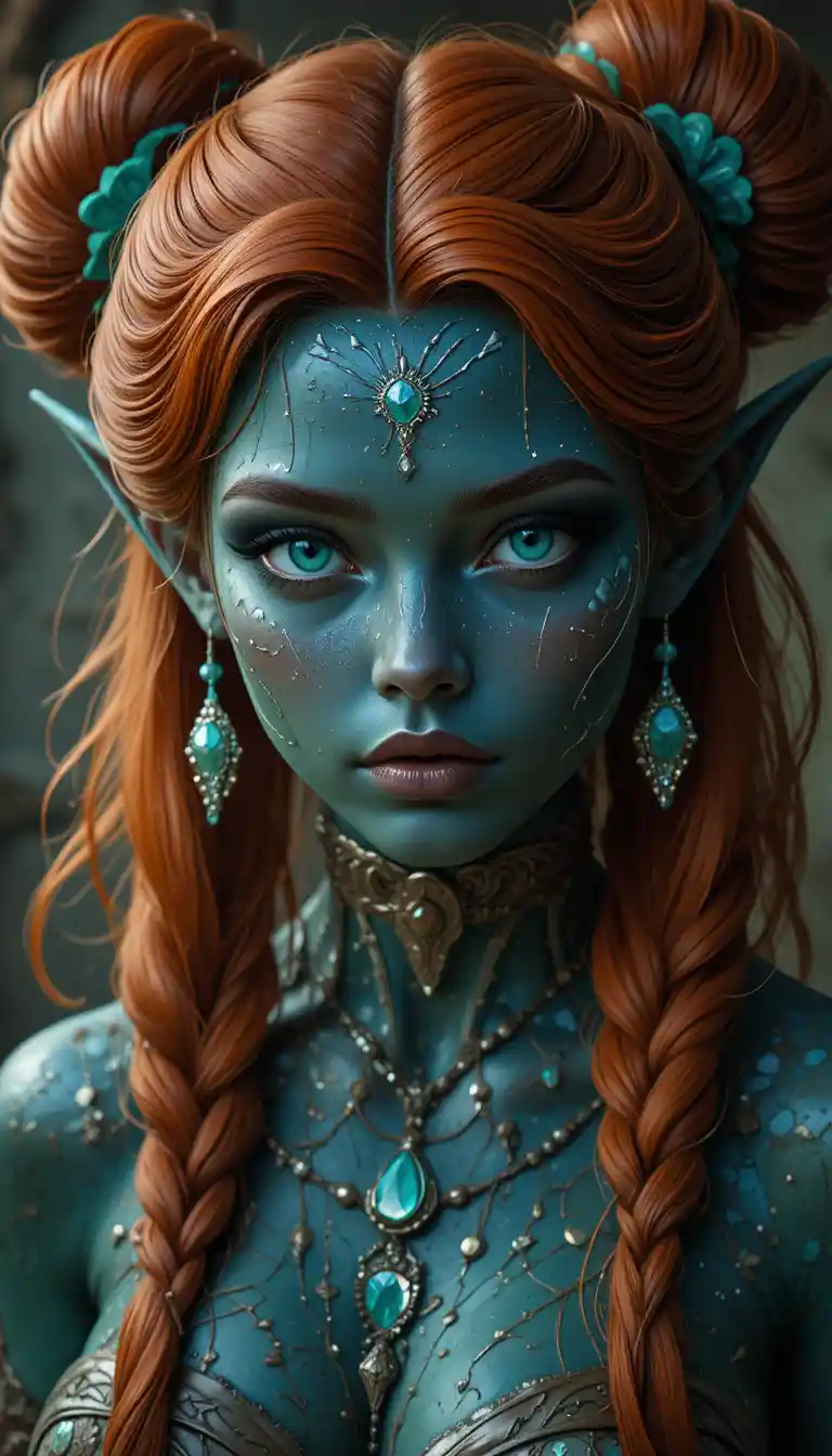 Mature brown skinned mermaid with dark auburn hair and scales