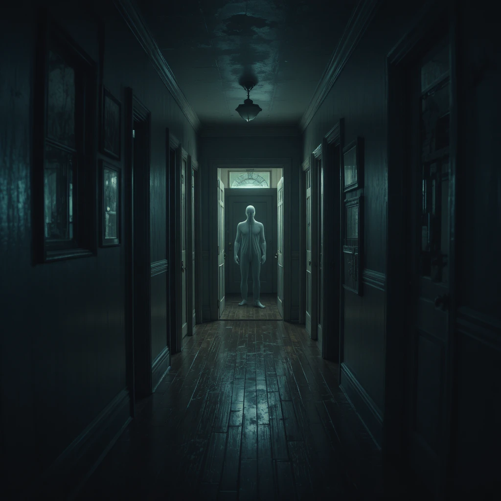 First person view of eerie home interior with doorways