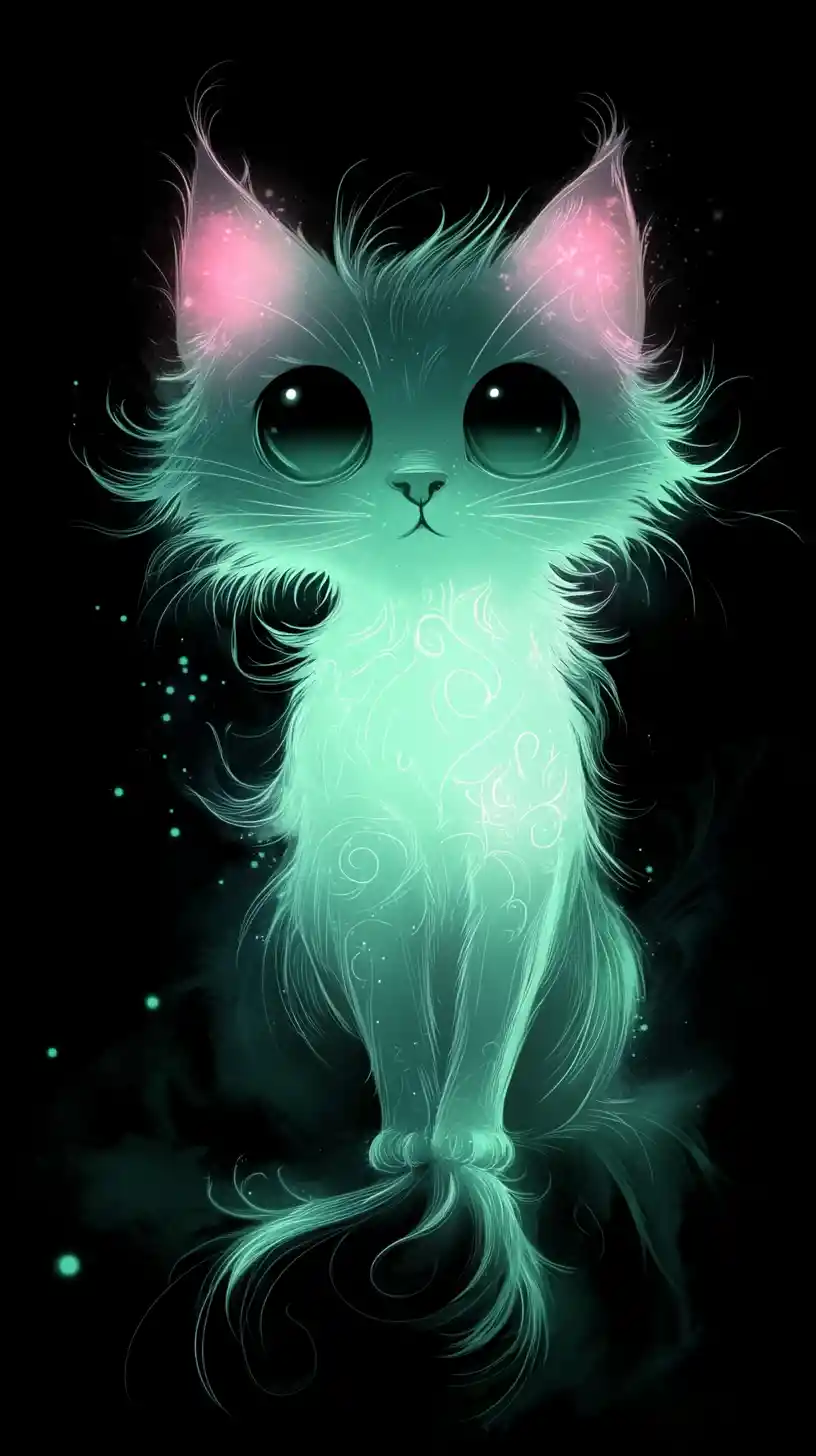 Glowing Gothic Kitten Silhouette With Magical Mint And Pink Aura