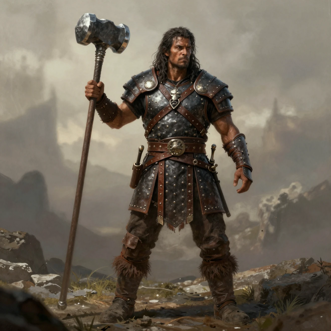 Dark skinned fantasy fighter in leather armor with maul