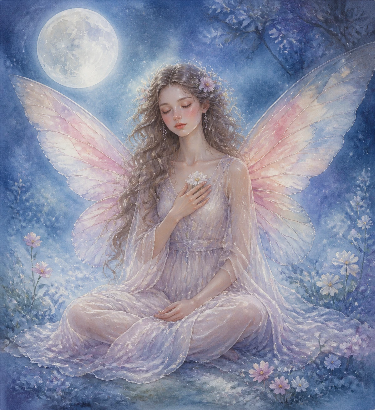 Moonlit fairy sitting peacefully with folded legs