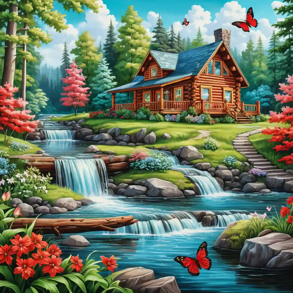 Cozy log cabin by a river with waterfall and flowers