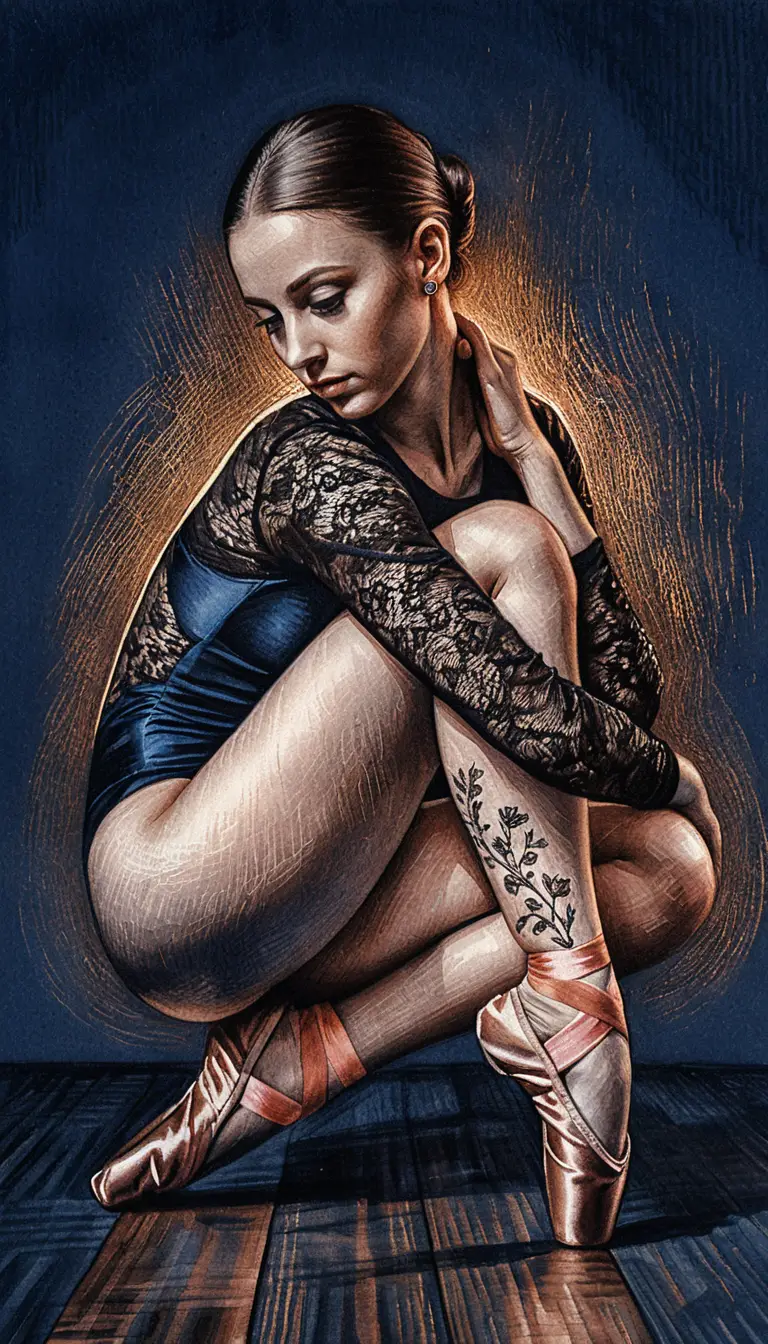 Ballerina in lace leotard crouching on wooden floor