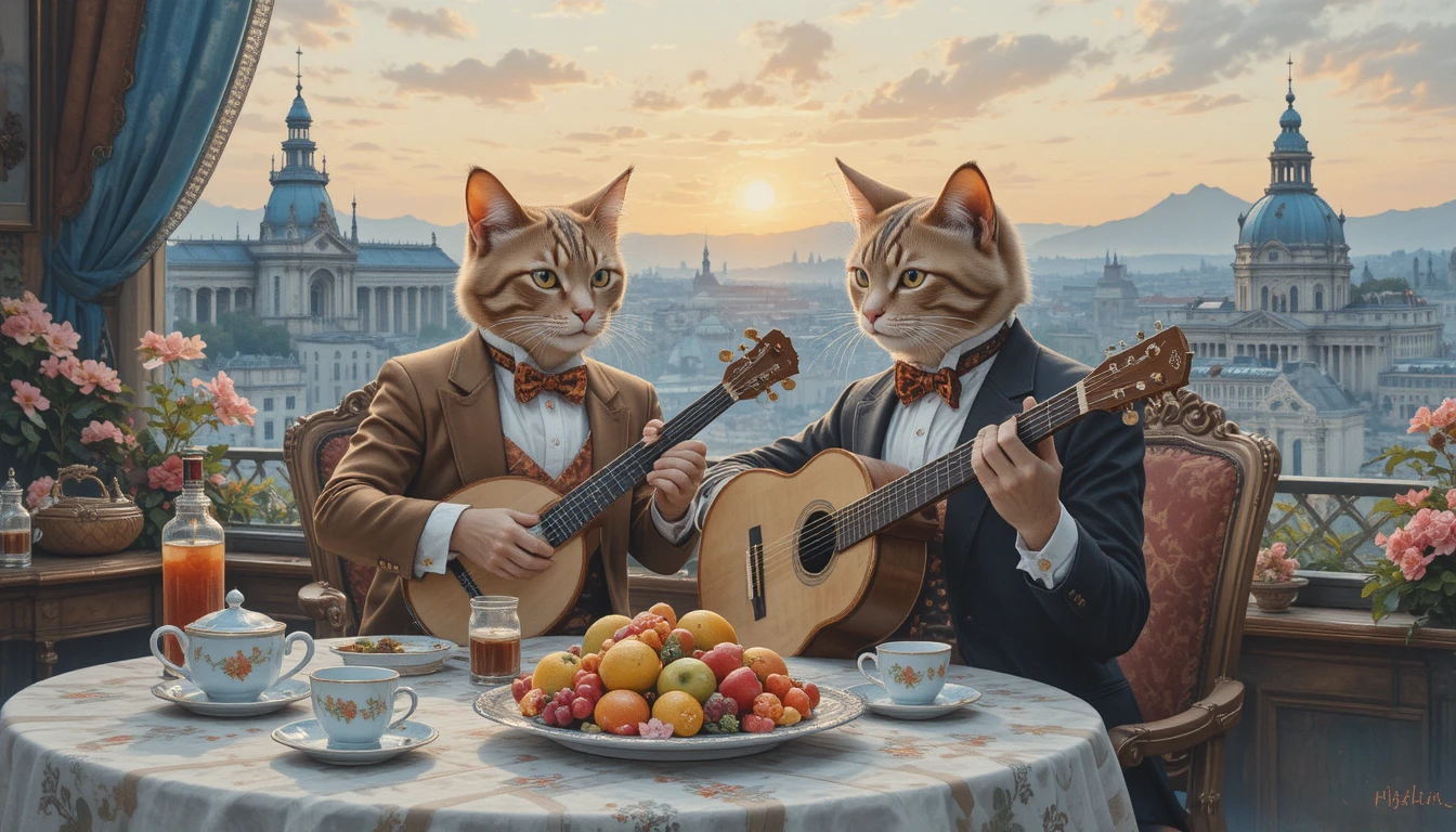 Anthropomorphic Cats Playing Lute At Sunset Tea Table