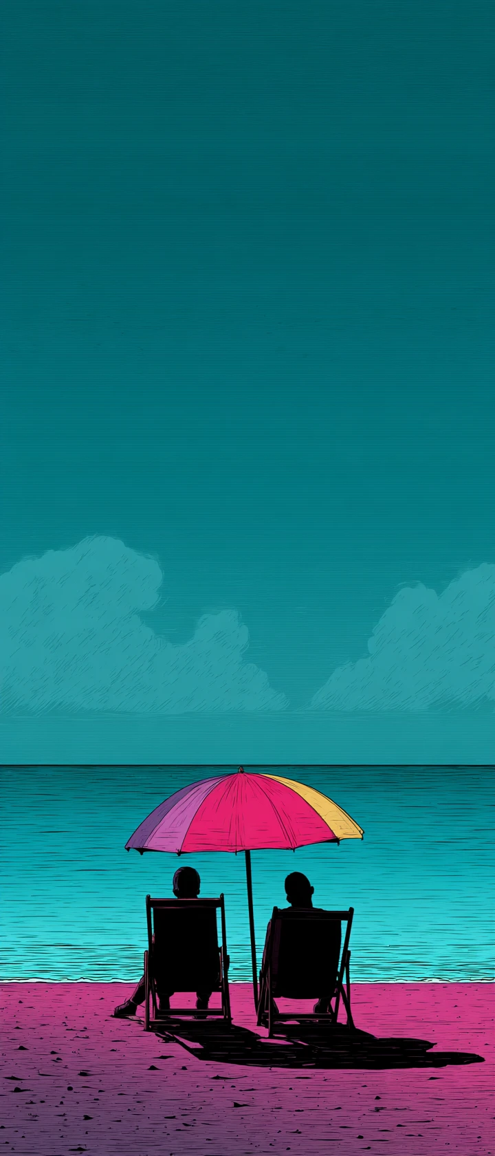 Two friends on beach chairs facing a calm neon sea