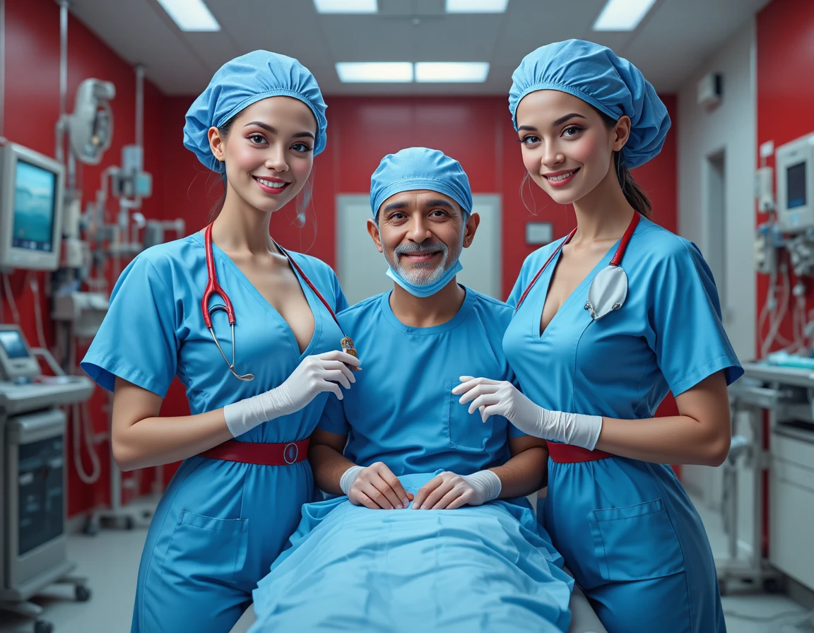 Confident medical workers in blue uniforms beside hospital bed