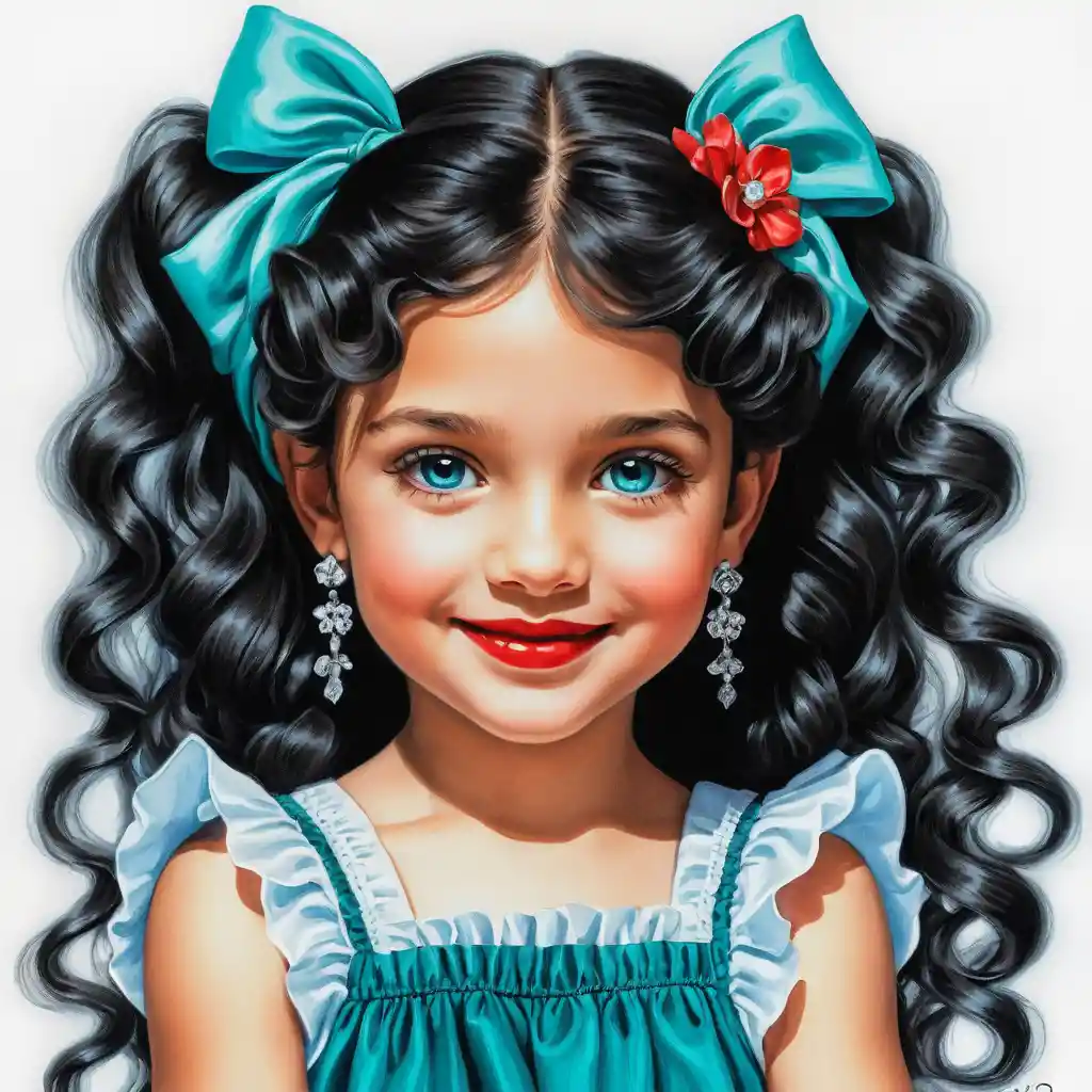 Smiling Curly Haired Girl In Teal Summer Dress Portrait