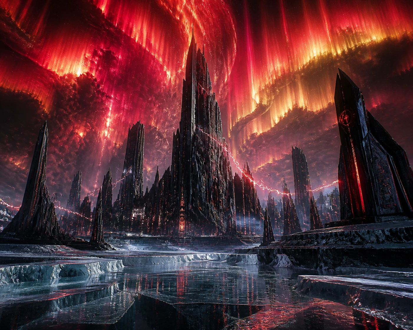 Futuristic obsidian city buried in an Antarctic ice desert