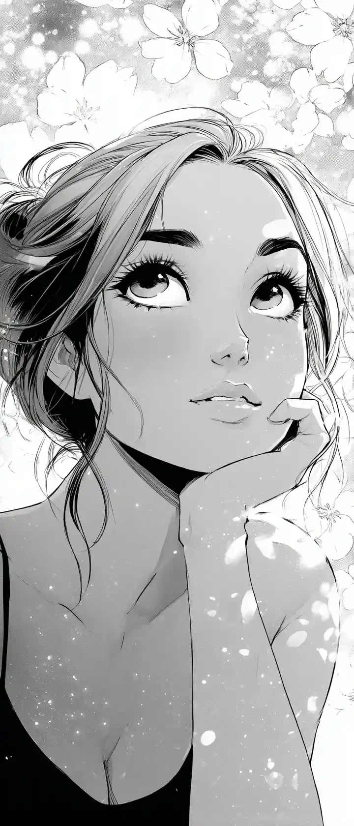 Dreamy manga girl portrait with floral background