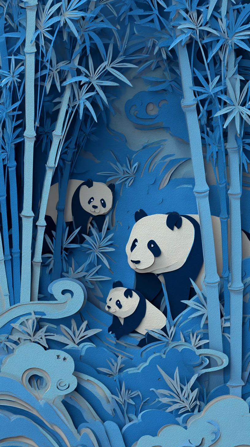 Osezno panda en bosque de bambú con arte de papel recortado en capas