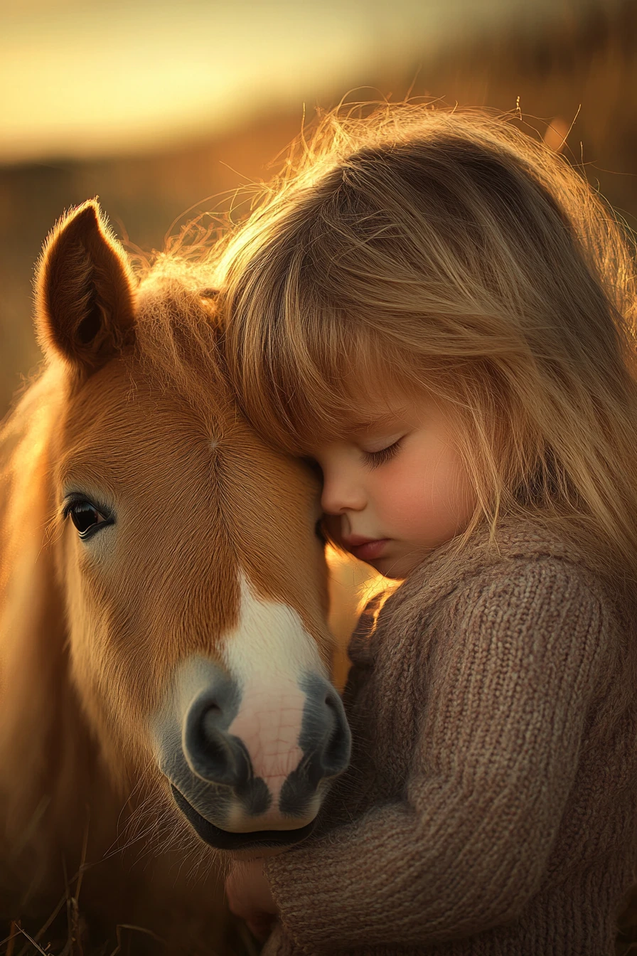 Young child with pony in soft golden countryside illustration
