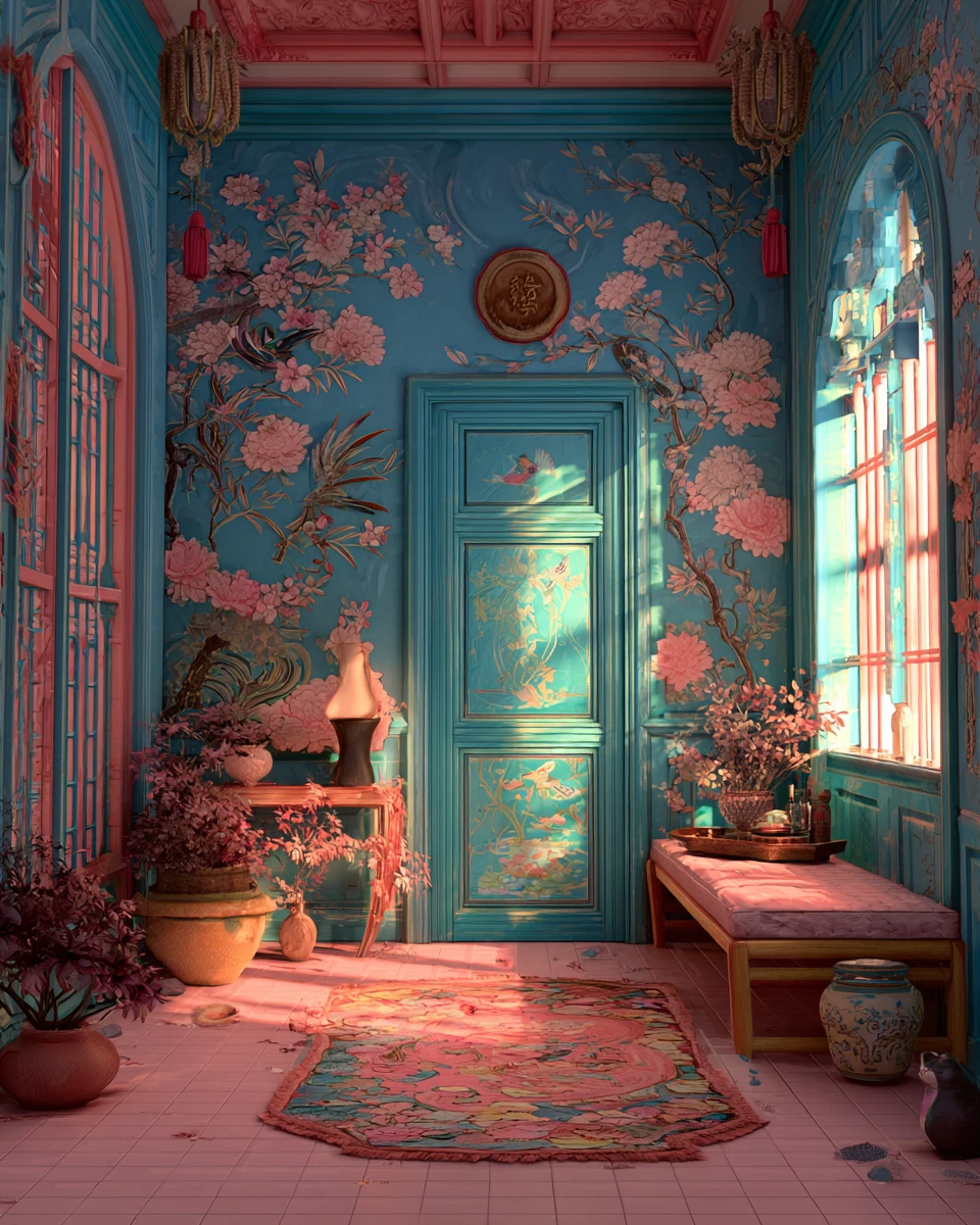 알록달록한 시누아즈리 인테리어와 기 whimsical 한 아트 데코