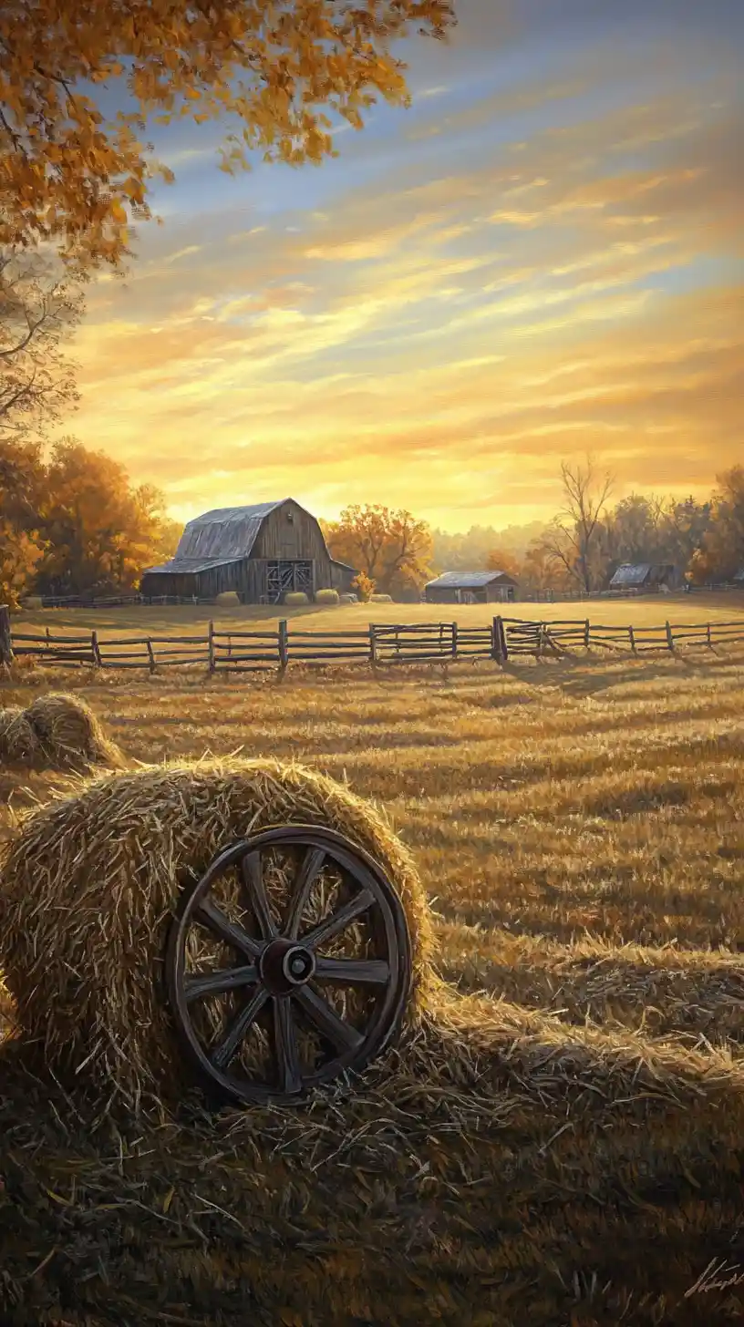 Sunlit rural hay bale scene in oil painting style