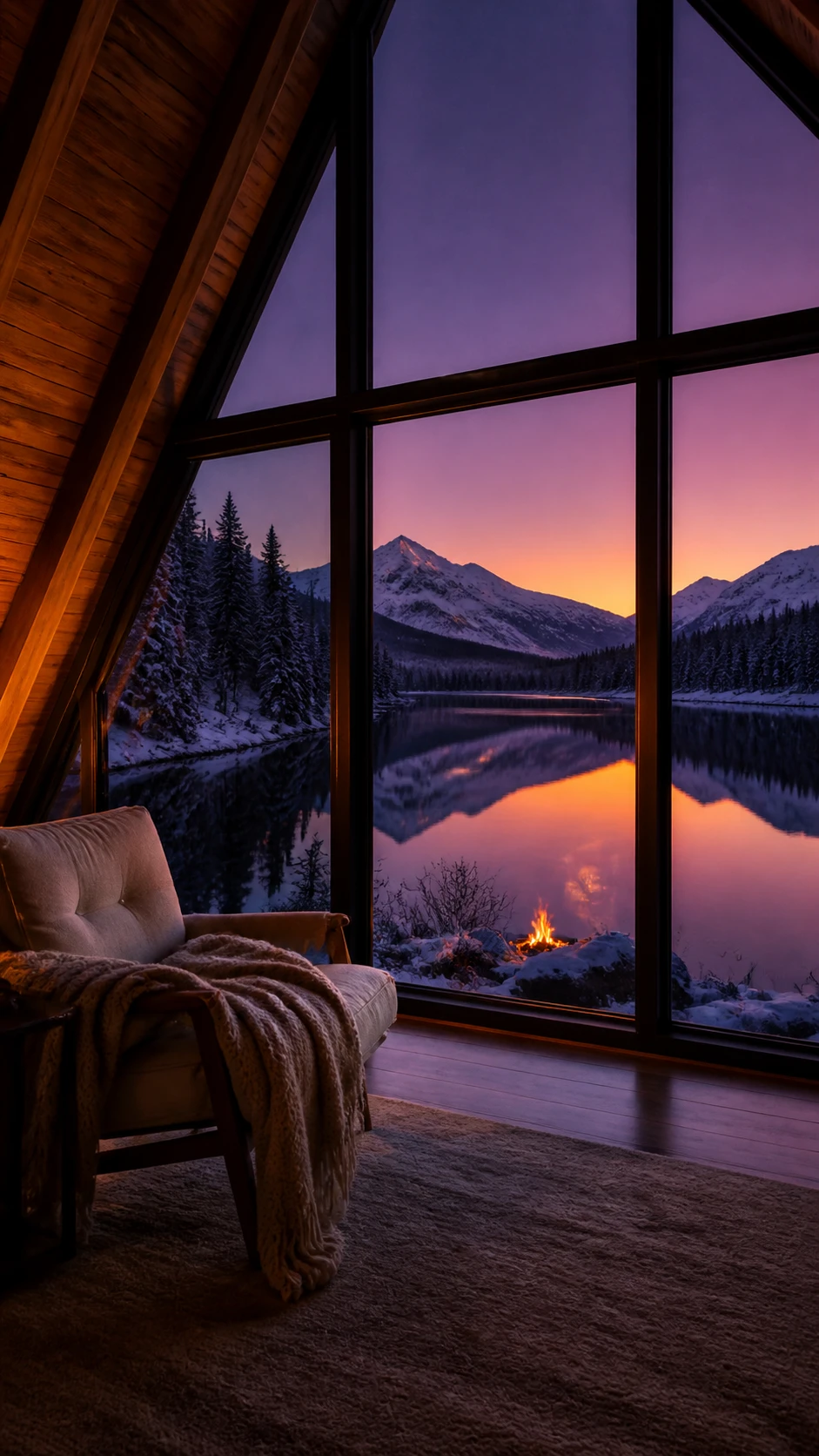 Interior de cabaña minimalista con vista a lago alpino al atardecer