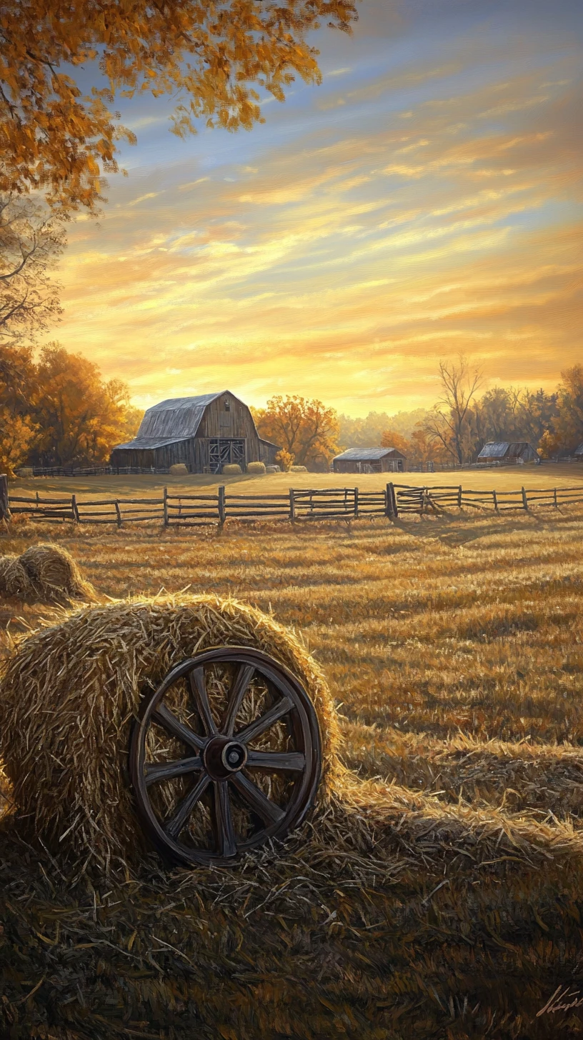 Escena rural soleada con fardos de heno en estilo de pintura al óleo