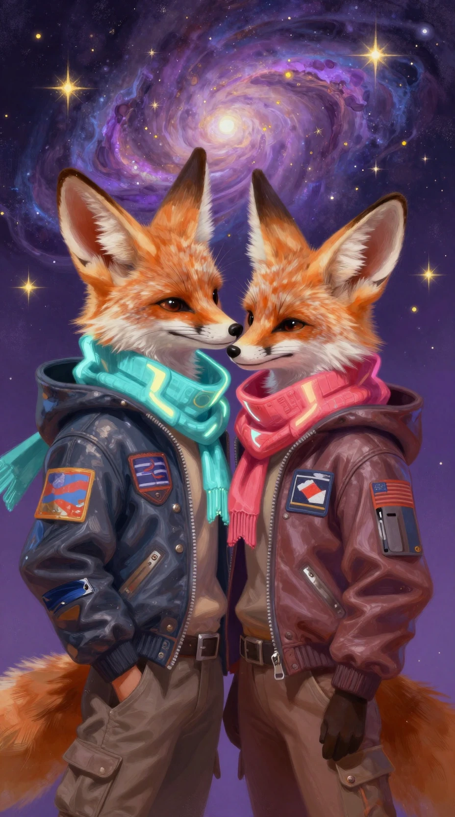 Zorros fennec antropomórficos abrazándose bajo un cielo de nebulosa