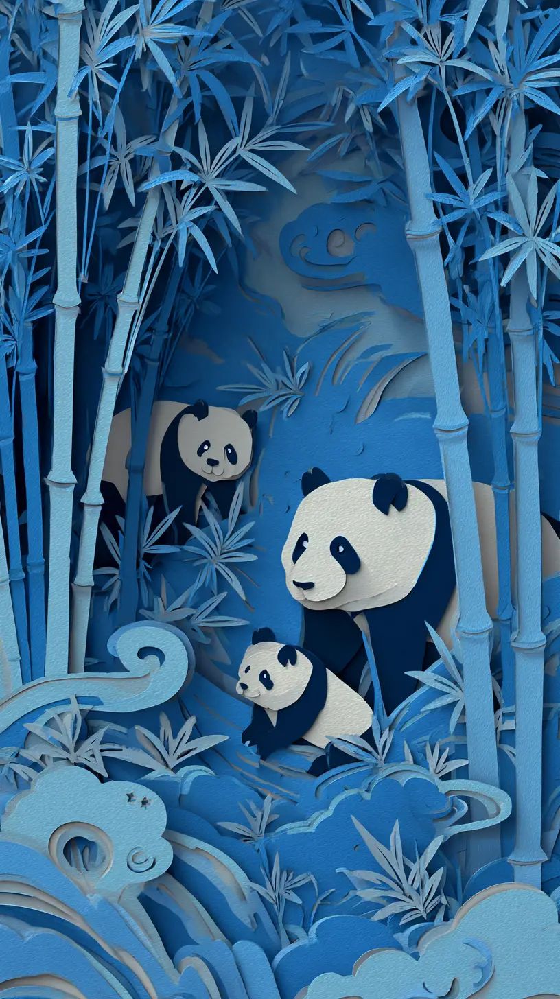 Baby panda in layered paper cut bamboo forest art