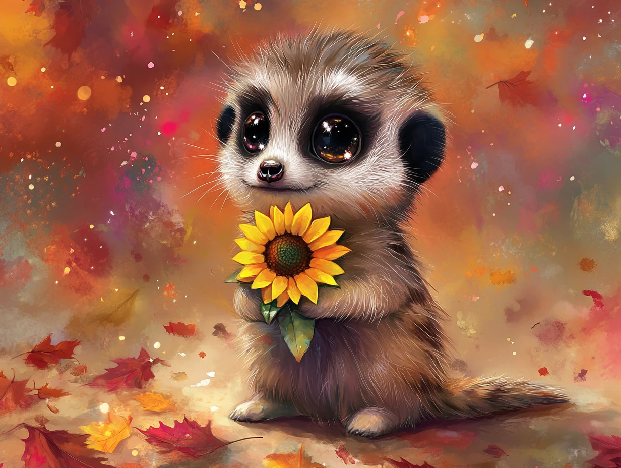 Adorable suricato bebé sosteniendo un girasol en colores otoñales