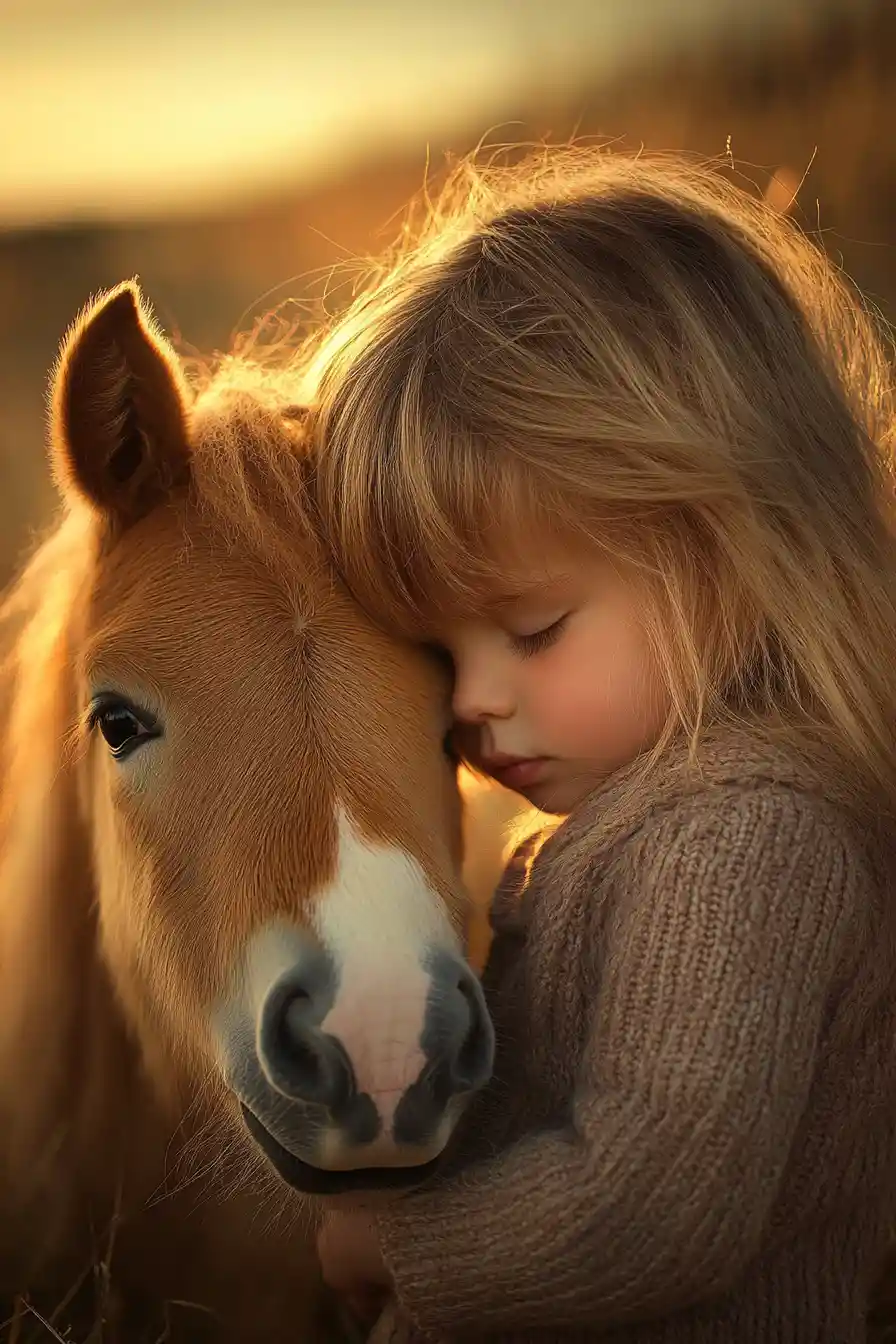 Young child with pony in soft golden countryside illustration