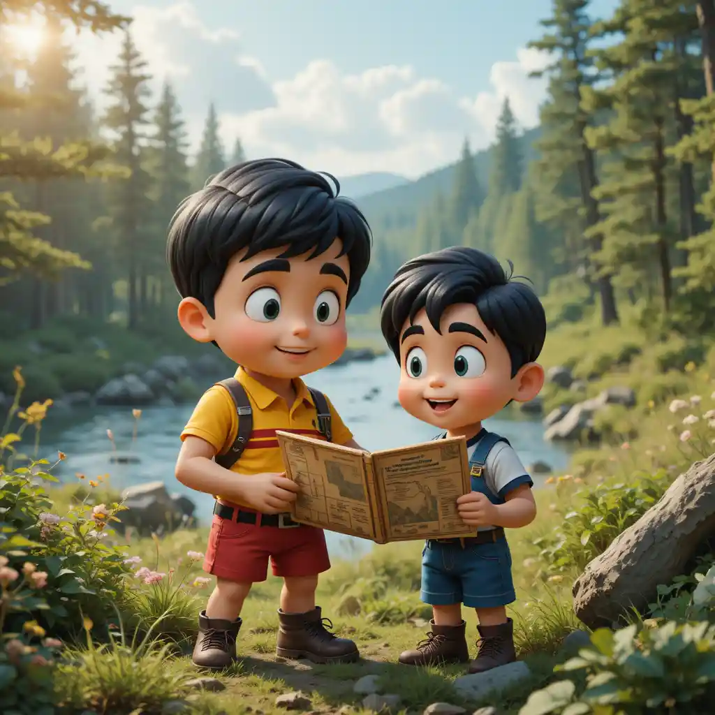 Two young brothers exploring a sunny Polish forest clearing