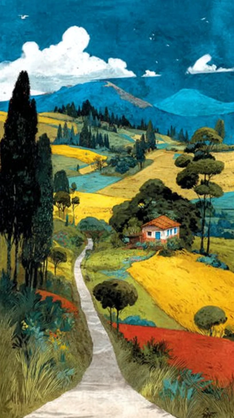 Pintura al óleo de paisaje rural tranquilo con pequeña casa al atardecer