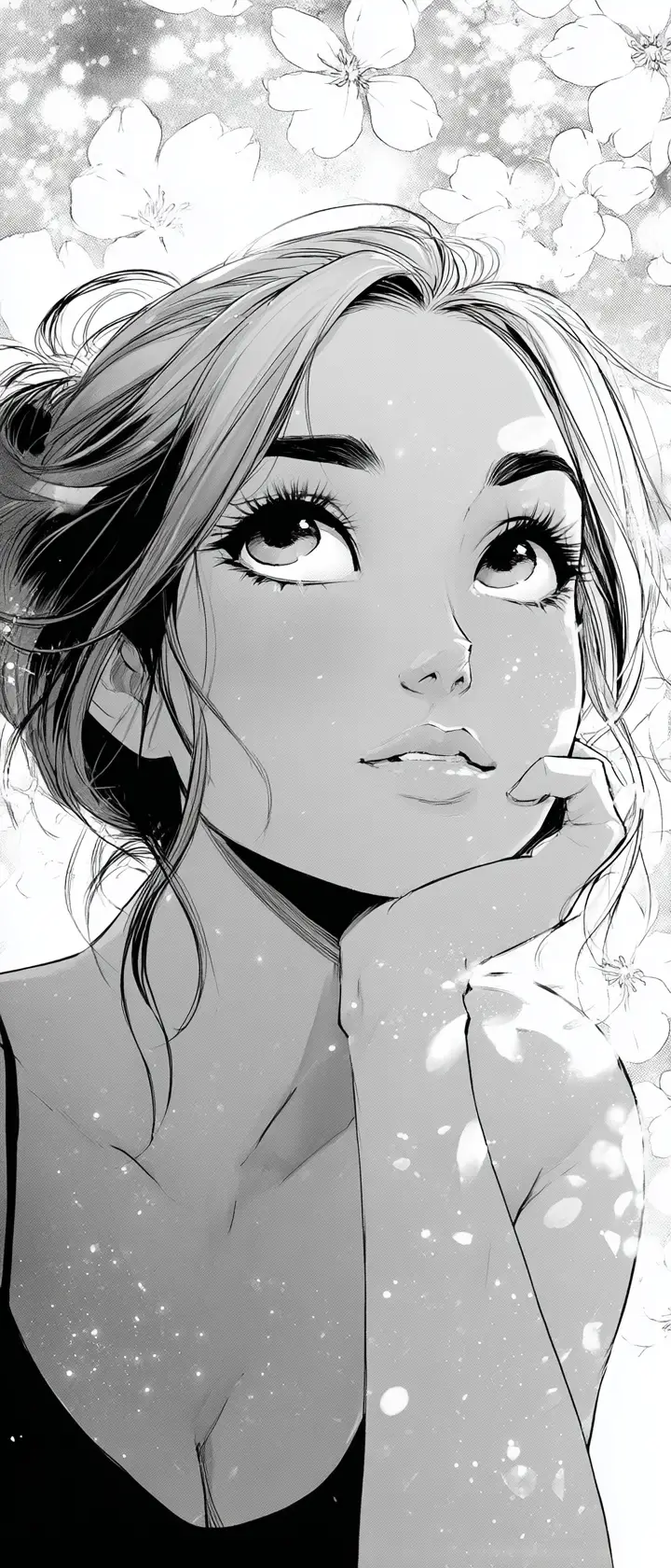 Dreamy manga girl portrait with floral background