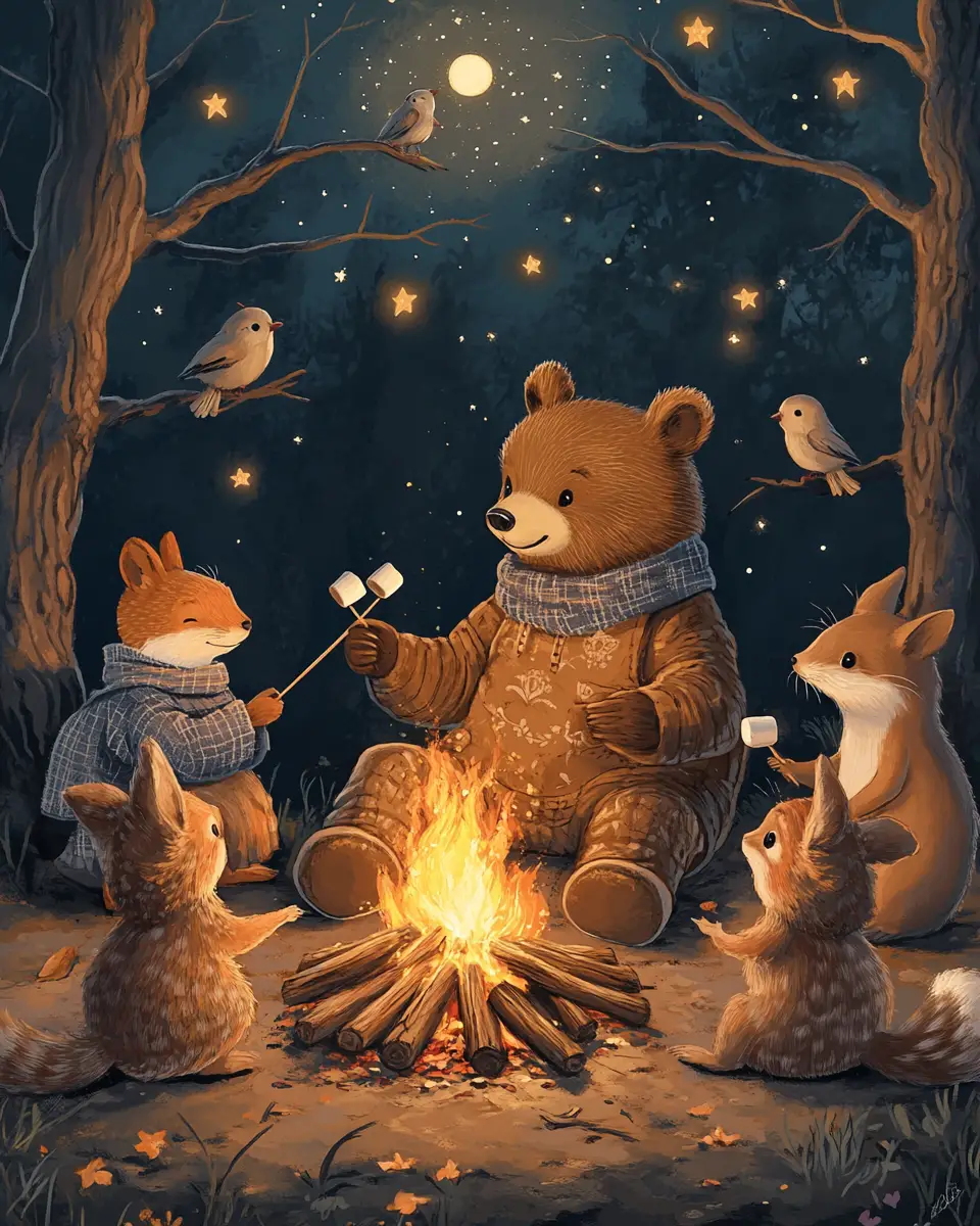 Little bear telling stories by a forest campfire