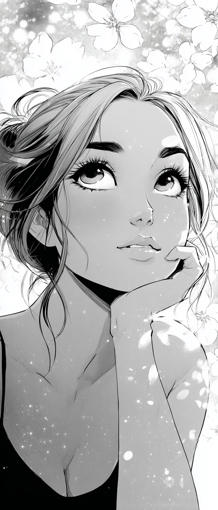 Retrato de chica de manga soñadora con fondo floral