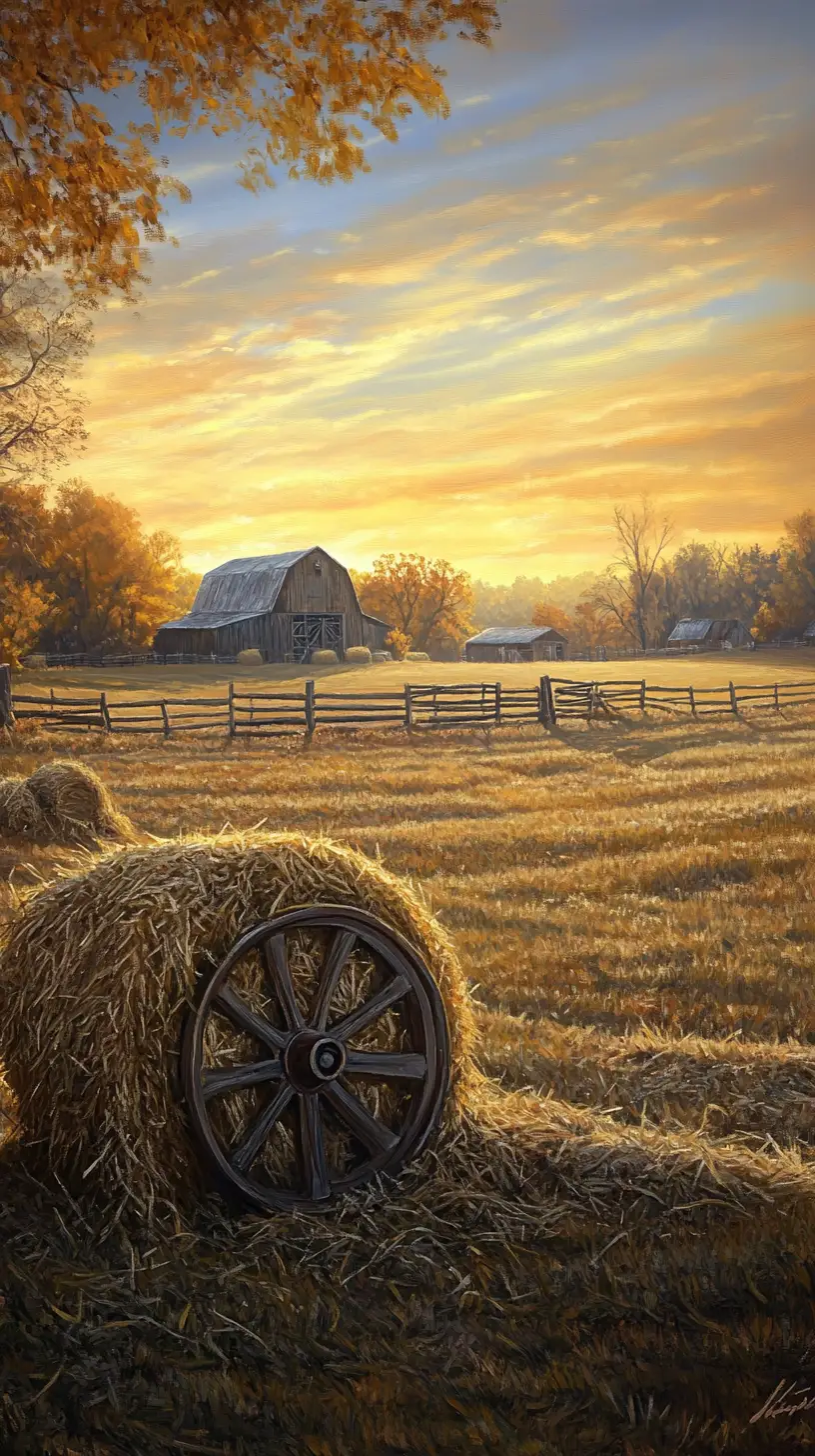 Sunlit rural hay bale scene in oil painting style