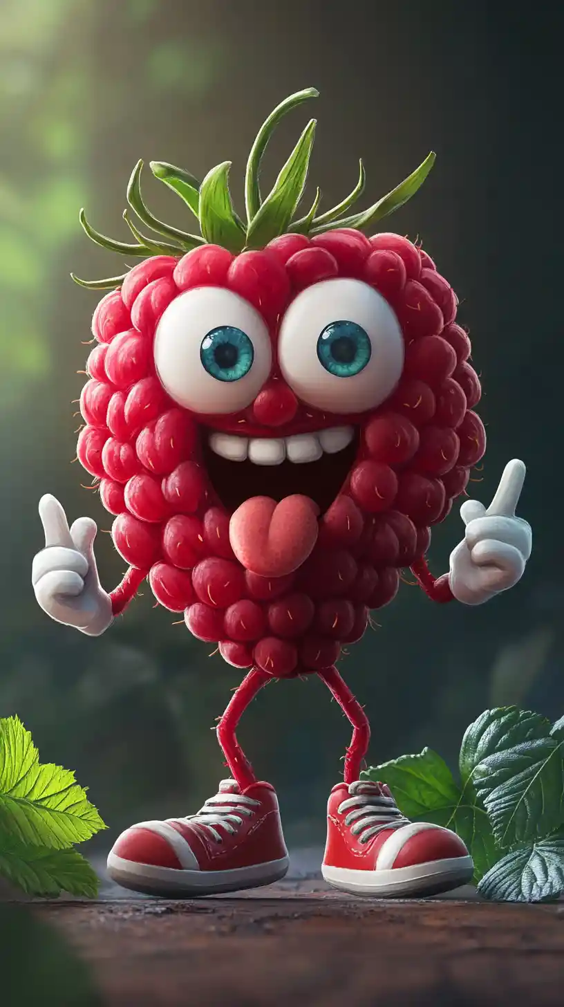Playful cartoon raspberry character with big eyes and shoes