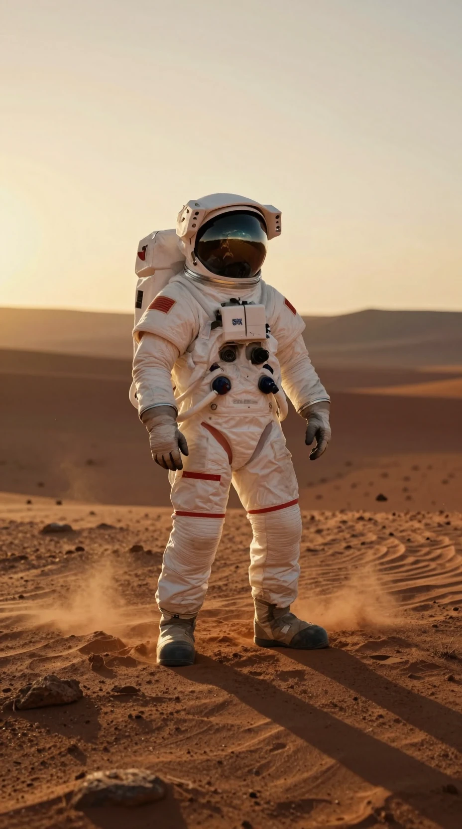 夕暮れの火星砂丘に立つ宇宙飛行士と地球の反射