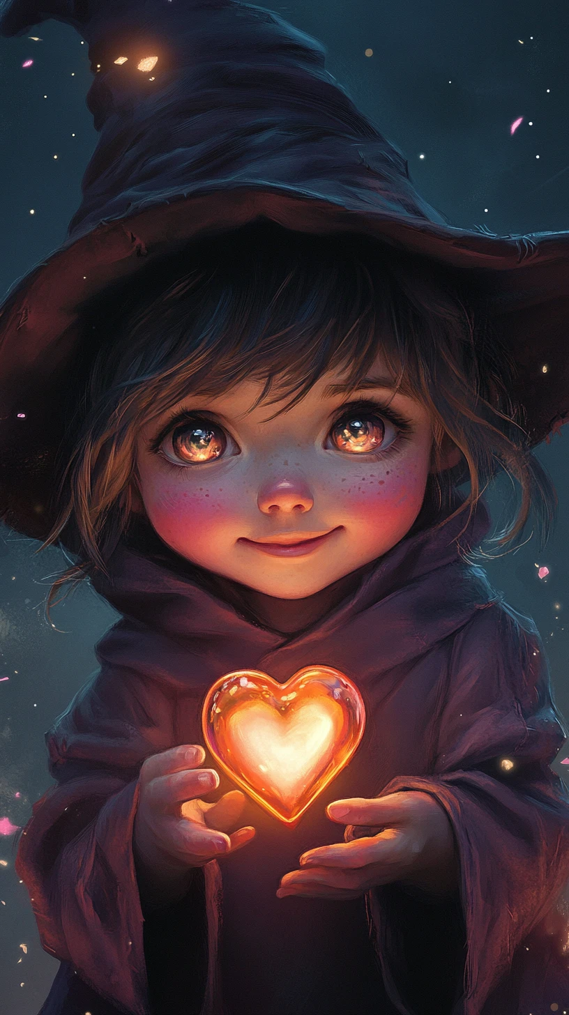 Adorable mago bebé sosteniendo una poción de corazón brillante