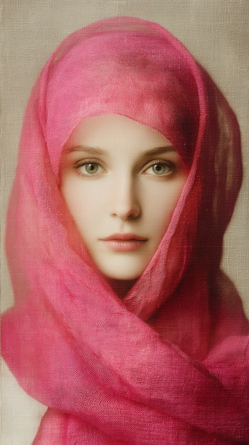 Retrato surrealista de una mujer madura con seda blanca