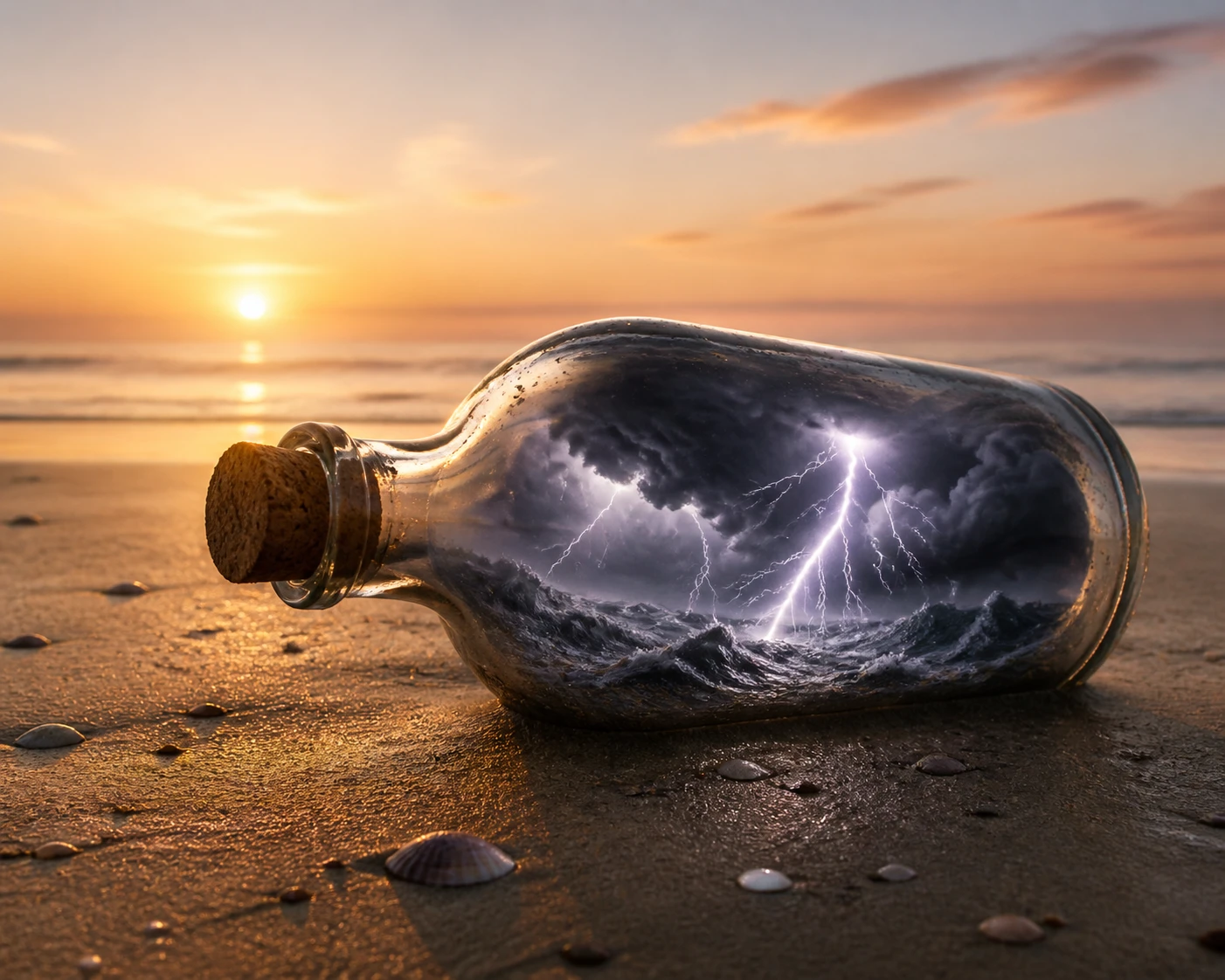 Tormenta surreal de botellas de vidrio en una tranquila playa de arena