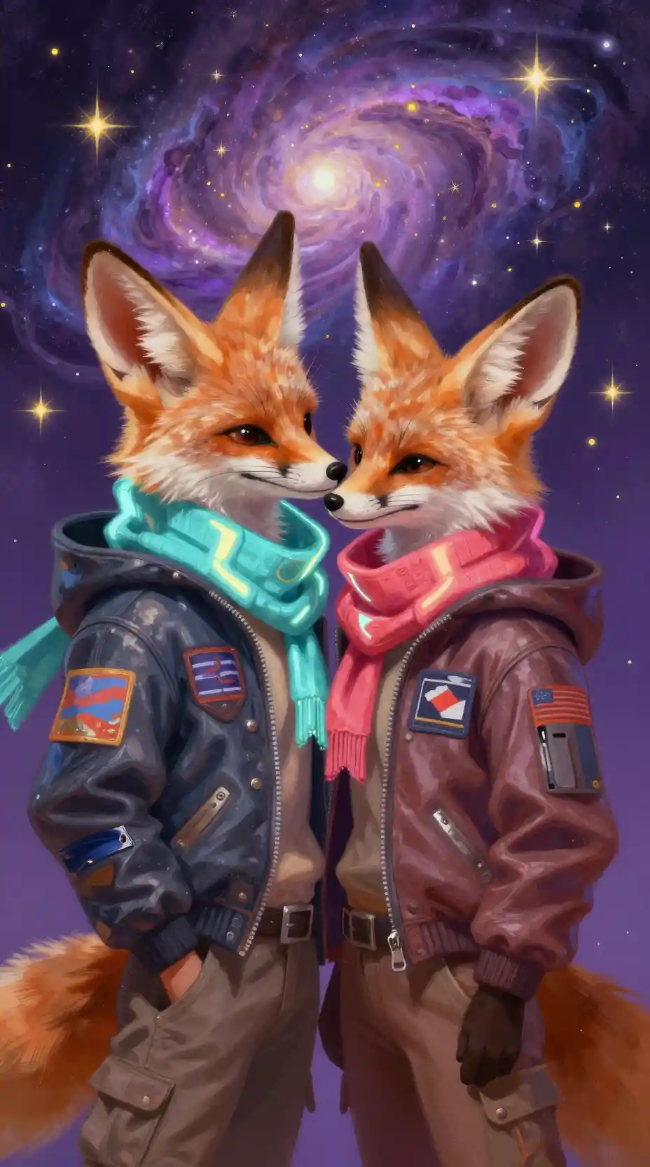 Anthropomorphic fennec foxes embracing under nebula sky