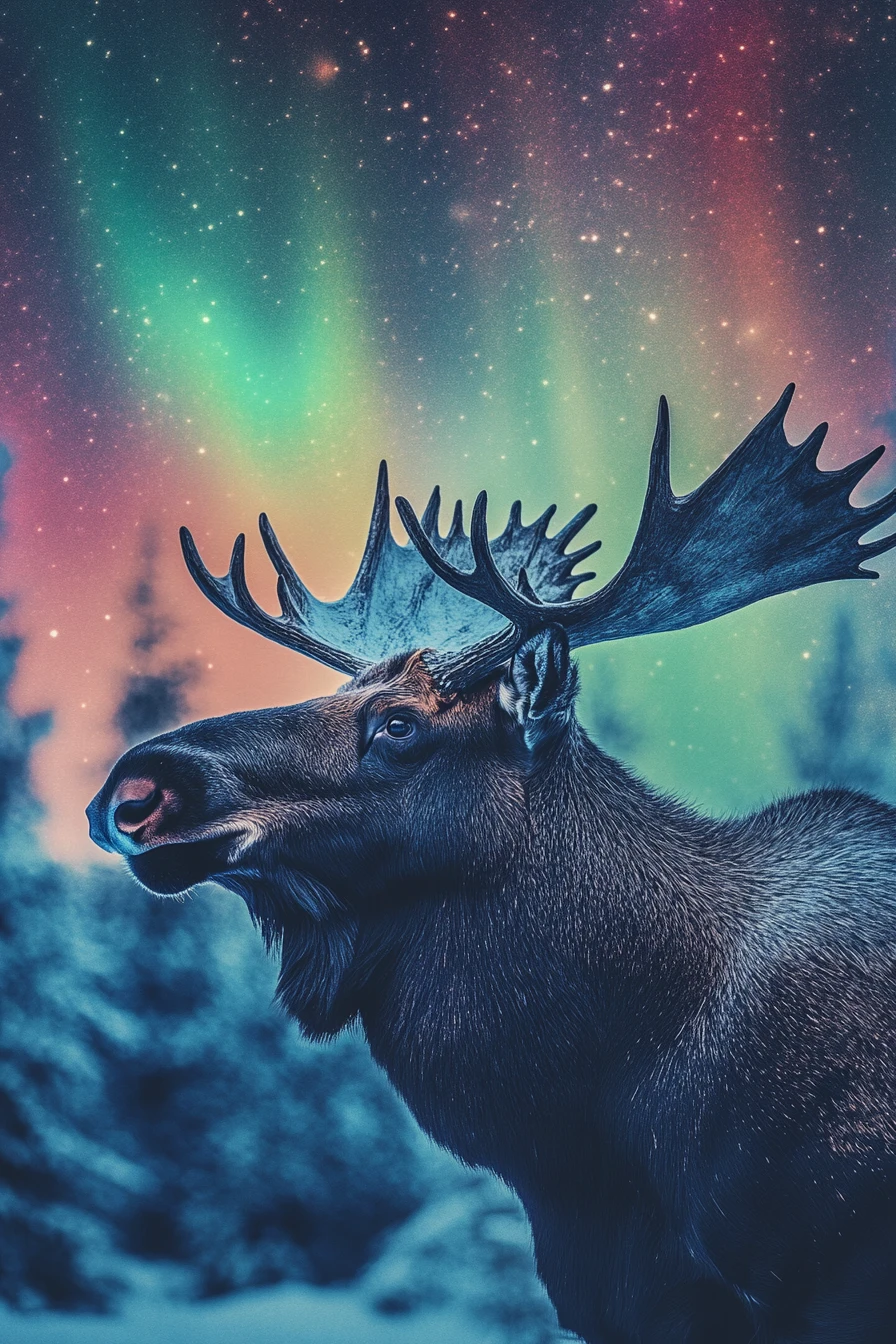 Moose Under Glowing Northern Lights In Icy Winter Landscape