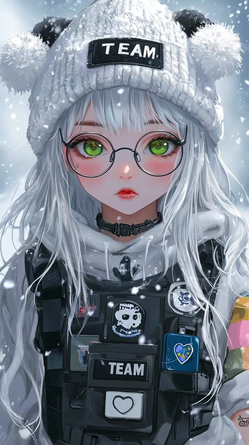 Anime girl in winter techwear with green eyes and beanie